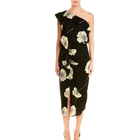 1.STATE Black & Floral One Shoulder Ruffle Midi Dress - Picture 13 of 13